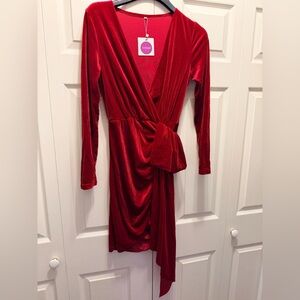 Red Velvet Wrap Dress with Side Tie - Women Long Sleeve